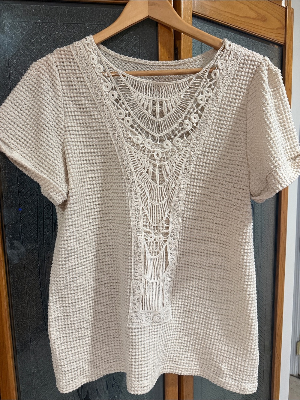 Bohemian Lace Waffle Women's Cream Crochet Panel Short Sleeve Top Lg